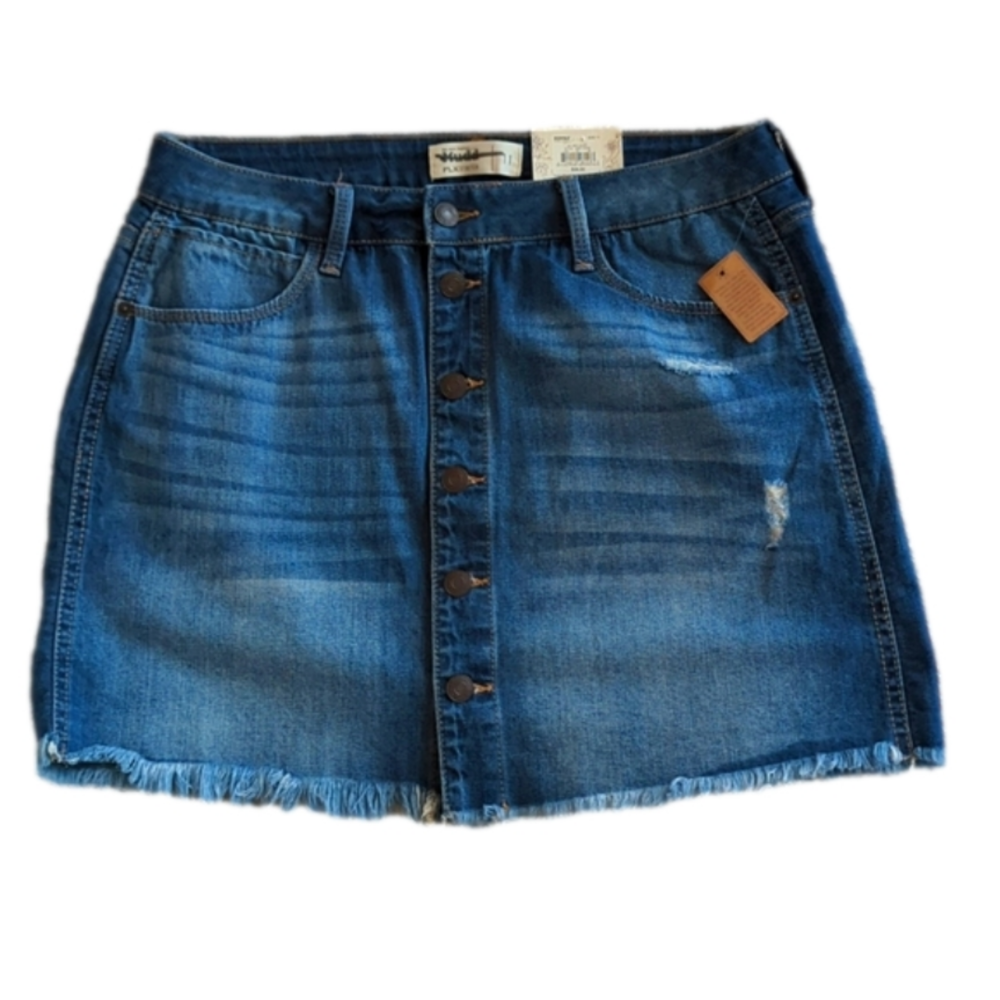Mudd Flex Stretch Distressed Medium Wash Buttoned Denim Blue Jean Skirt Size 11